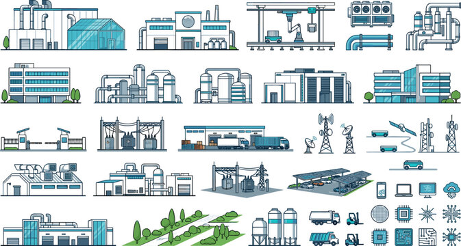 Industrial factory complex and manufacturing plant vector element set with chemical refinery storage silos power grids and machinery icons