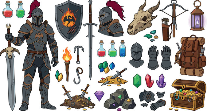 Dark fantasy knight warrior vector element set with heavy armor dragon shield swords dragon skull and rpg game dungeon loot assets