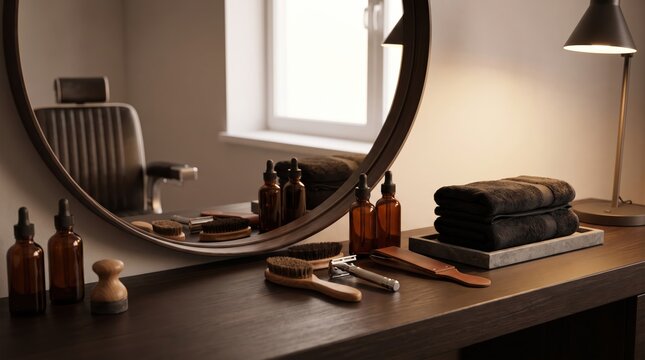 Barber grooming workspace with grooming tools. Modern barbershop setup for men's haircut and styling.