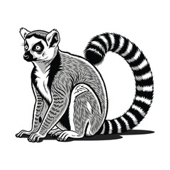 A detailed black and white illustration of a ring-tailed lemur sitting, showcasing its distinctive striped tail and expressive eyes. © Shukhi's world 