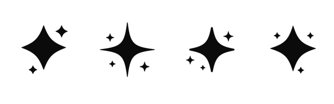 Set of black sparkle star icons simple linear twinkle magic spark clean visual effect vector design elements collection isolated on white background
