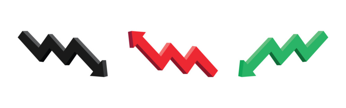 Set of 3d arrow chart graph icons showing profit growth, loss decline, and financial market trend fluctuation vector illustration isolated on white background
