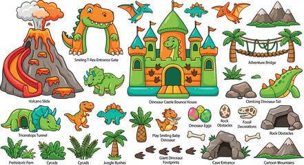Cute dinosaur amusement park vector element set with bouncy castle volcano slides inflatable arches eggs and prehistoric landscape © Monirul