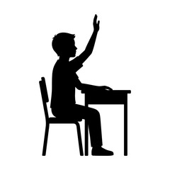 Fototapeta premium Silhouette of school boy raising hand at desk, student sitting in classroom chair, young male pupil participating in primary education lesson isolated on White Background