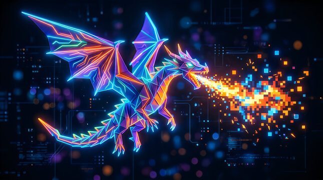 Neon pixel art dragon breathing fire. Digital fantasy creature with glowing cybernetic lights.