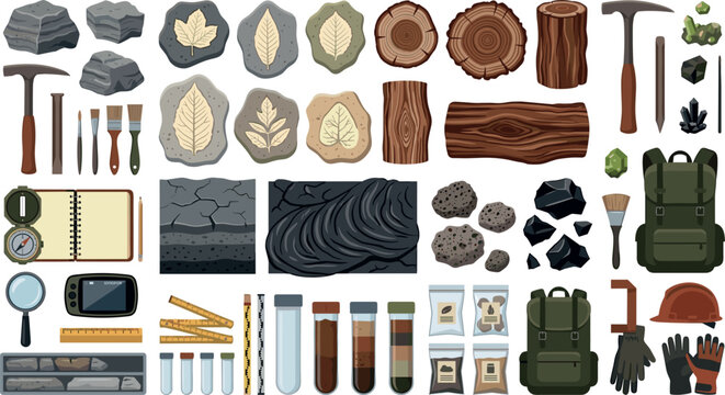 Geology and petrology science vector element set featuring rock specimens fossil leaves petrified wood coal crystals and field exploration tools