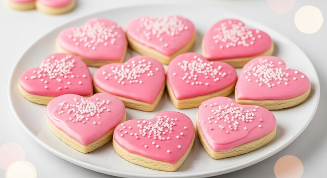 Delicious heart shaped sugar cookies with pink frosting arranged on a clean white ceramic plate, featuring a soft blurred bokeh background, sweet, celebration, biscuit