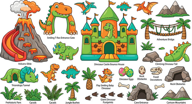 Cute dinosaur amusement park vector element set with bouncy castle volcano slides inflatable arches eggs and prehistoric landscape