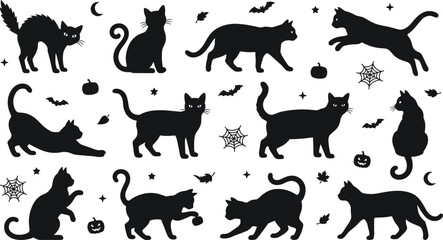Obraz premium Halloween black cat silhouette vector collection featuring spooky bats, spiderwebs, pumpkins, crescent moons, and stars