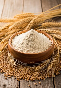 Fine whole wheat flour or atta filled in a rustic wooden bowl on a table, surrounded by golden wheat ears and loose grains in soft light, dry, whole, pastry
