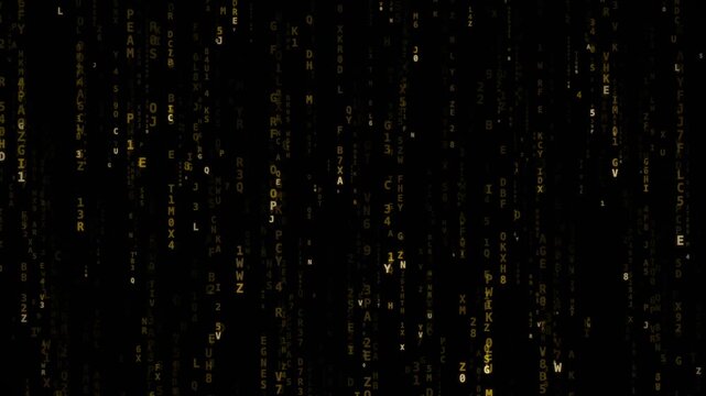 Digital code falling on black background in vertical rain, vertical motion, front view, gold