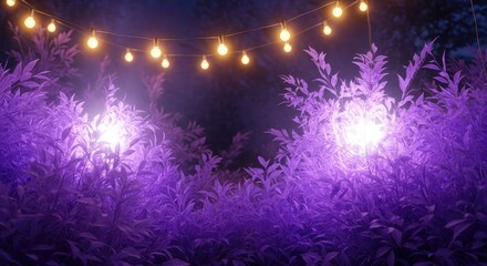 Magical evening atmosphere with string lights glowing over ethereal violet foliage, casting a golden radiance in a dreamy garden setting, twilight, leaves, landscape