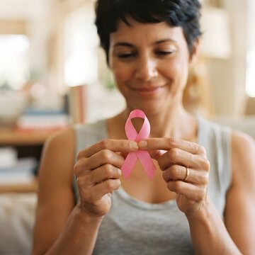A smiling woman holding a pink ribbon to support breast cancer awareness month while reflecting on her journey toward health and healing in her home