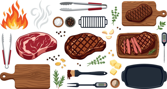 Grilled steak barbecue cooking vector element set with raw meat ribeye fire flame thermometer tongs and cast iron skillet