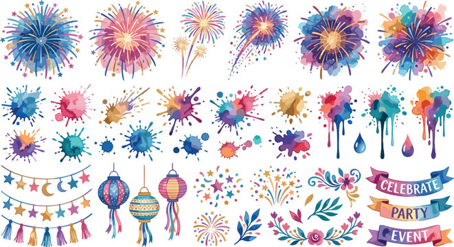 Watercolor fireworks and paint splash celebration vector collection with colorful party banners hanging lanterns and festive design elements