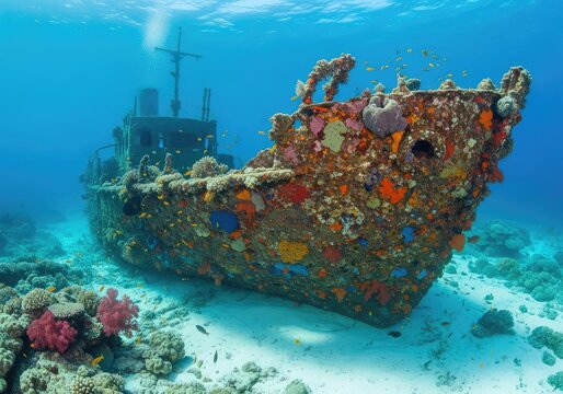 Rusted steel remains of a submerged vessel rest on the sandy seabed deep underwater, covered in barnacles and surrounded by coral reefs, submerged, silent, submarine