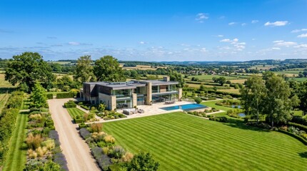 Fototapeta premium An aerial view showcases a modern, expansive house nestled within a picturesque countryside setting.