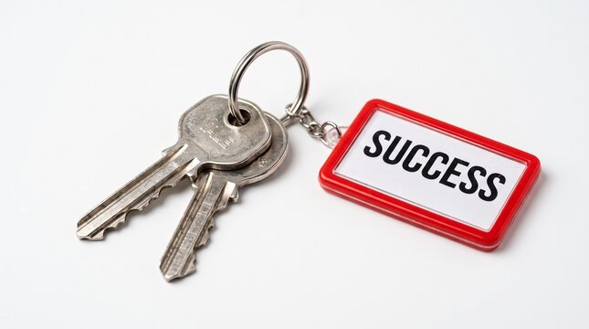 Success key with red keychain on white background, metal house keys for business achievement, conceptual key to success for career growth