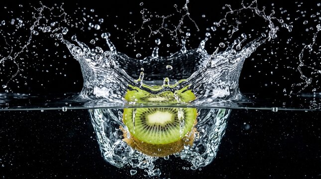 Fresh kiwi fruit splash in water on black background, green kiwi slice falling into liquid with bubbles, refreshing fruit crown splash