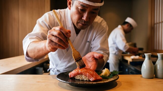 Professional Male Sushi Chef Brushing Nikiri Glaze on Premium Tuna Nigiri Sushi
