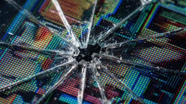 Macro View of Broken LCD Screen with Shattered Glass and Pixels