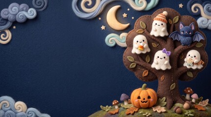 Fototapeta premium Cute felt Halloween background with kawaii ghosts, pumpkin, and copy space