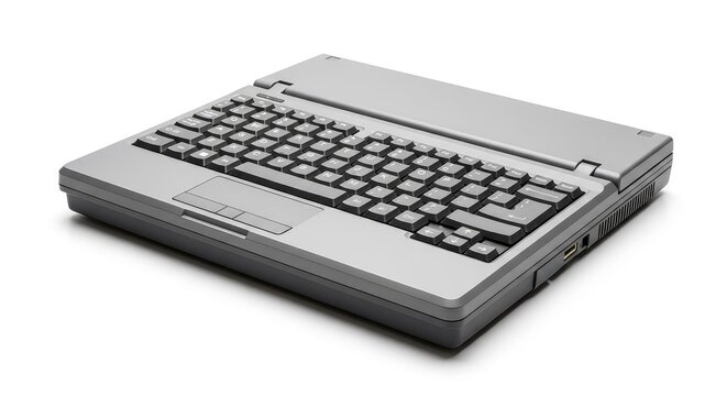 Vintage grey laptop with thick casing and square keys isolated on a white background, highlighting retro technology and outdated hardware, antique, obsolete, grey