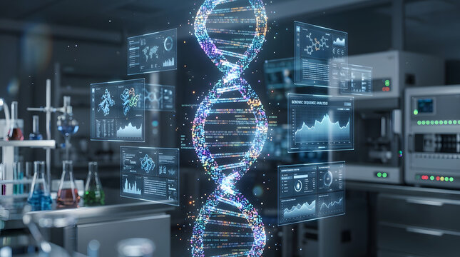 Futuristic dna double helix structure with digital data analytics and genomic research interface in laboratory