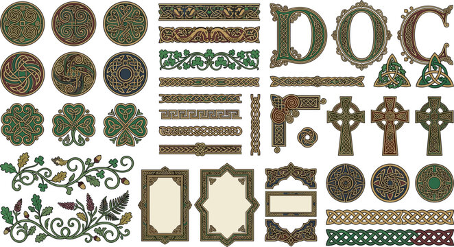 Vintage celtic knots ornamental elements vector set featuring illuminated letters frames borders shamrocks and crosses