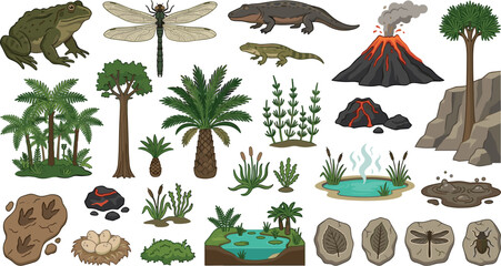Prehistoric carboniferous period vector element set with primitive amphibians giant dragonfly erupting volcano fossils and ancient swamp plants © Monirul