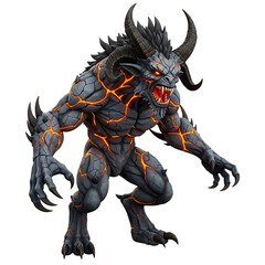 Fototapeta premium Fierce lava demon monster with horns. Aggressive fantasy creature with glowing magma skin.