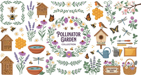 Eco friendly wildlife habitat illustration bundle featuring honey bees insect hotels watering can dragonflies and flower wreaths © Monirul