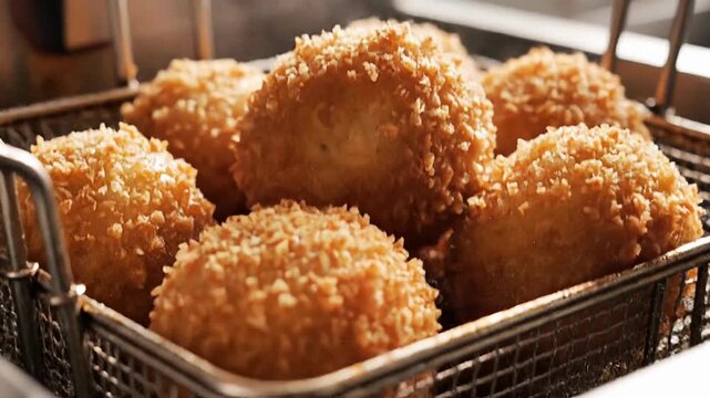 Close up video of crispy golden breaded food items being lifted in a metal basket out of a deep fryer filled with hot boiling oil in a professional kitchen setting.