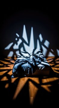 A disheveled bed sits in a dark room where long, distorted shadows stretch across the floor and walls, creating a surreal sense of dread, fabric, grey, anxiety