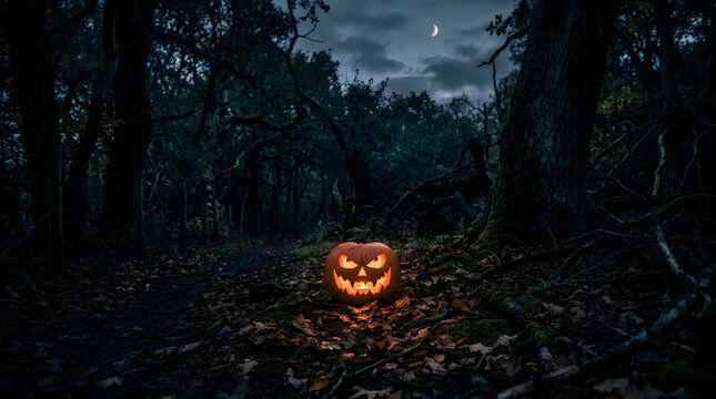 Happy Halloween day Spooky Halloween pumpkin in dark forest, glowing jack o lantern on autumn leaves, eerie night woodland landscape with crescent moon nice jpg
