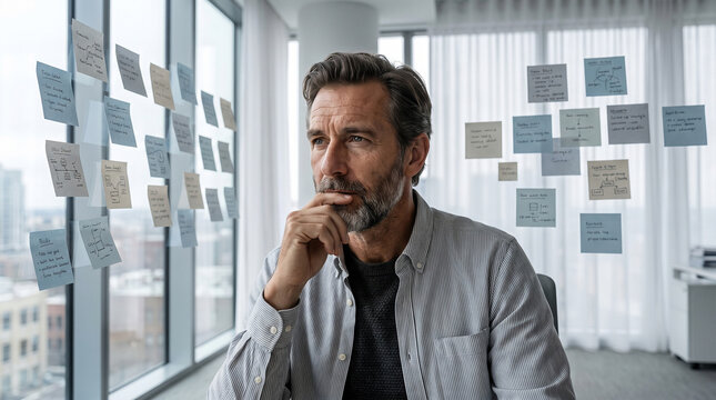 Pensive mature businessman brainstorming with sticky notes on glass wall in modern office