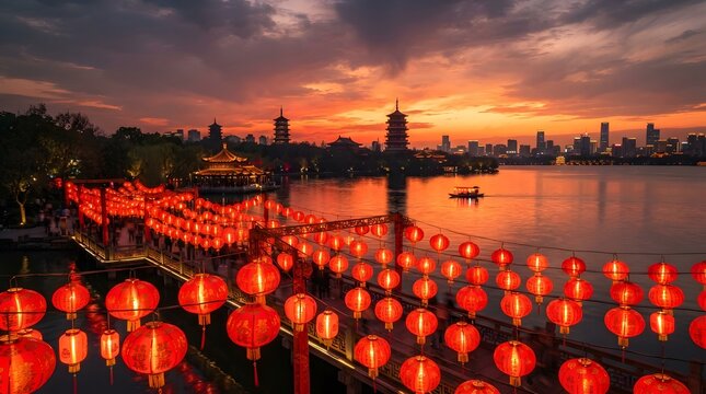 Stunning sunset view over a lake decorated with traditional red lanterns celebrating the national day of china with a beautiful city skyline background