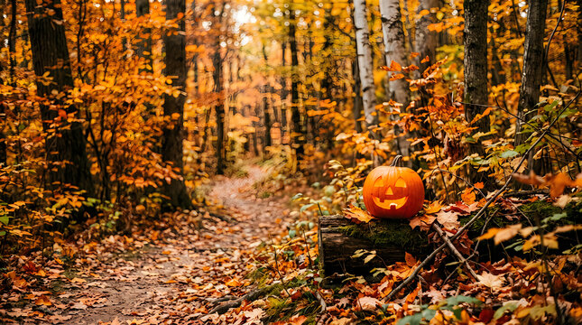 Happy Halloween day Halloween jack-o-lantern pumpkin in autumn forest, carved orange pumpkin on log along woodland trail, fall foliage and golden leaves in seasonal woods nice jpg