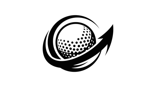 Dynamic golf ball with swirling swoosh arrows and motion lines creating a modern sports logo design