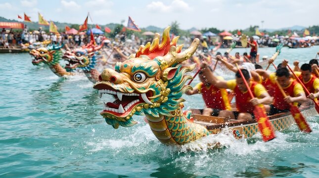 Exciting dragon boat racing competition held during a festive national day celebration in china featuring traditional wooden boats and energetic team rowers