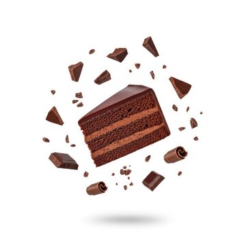 A moist slice of gourmet chocolate cake floats gracefully surrounded by dark chocolate pieces and flakes over a bright white backdrop, layers, creative, background