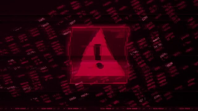 Warning triangle alert over digital interface with rotating code, centered, red, no people