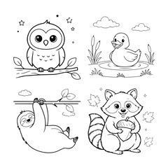 Fototapeta premium Coloring page set with cute owl, duck, sloth, and raccoon holding an acorn, line