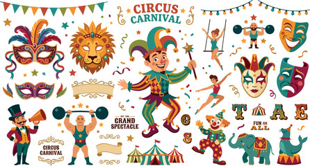 Retro circus celebration graphics collection featuring amusement tent carnival performer characters jester clown masks and festive bunting garlands © Monirul