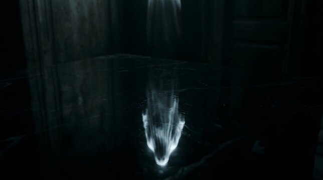 Ghostly figure emerging from reflective water in a dark environment.