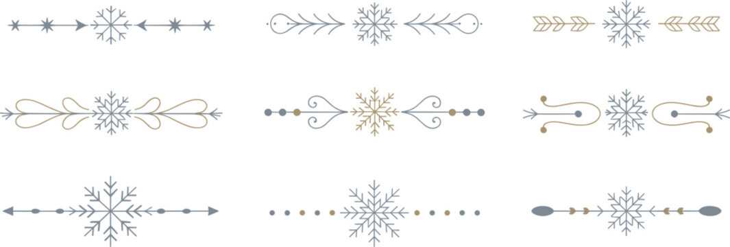 Vector illustration of elegant snowflake text dividers, luxury gold and silver holiday borders set for winter Christmas card