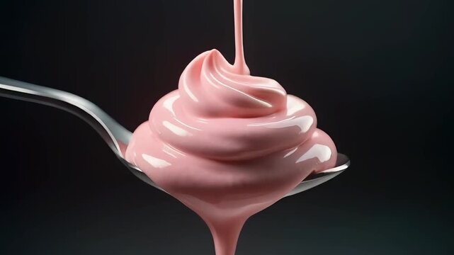 Macro video of fresh strawberry cream being dolloped onto a spoon, capturing every ripple and glossy detail and texture