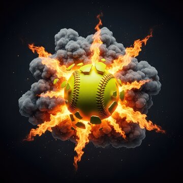 A yellow softball bursts apart in a dramatic explosion of vibrant orange flames and thick grey smoke clouds against a dark background, background, element, debris