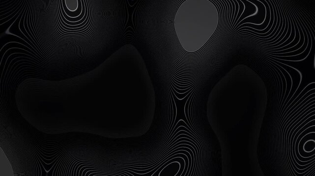 Abstract contour lines morphing on dark background with undulating motion, front view, high contrast, black
