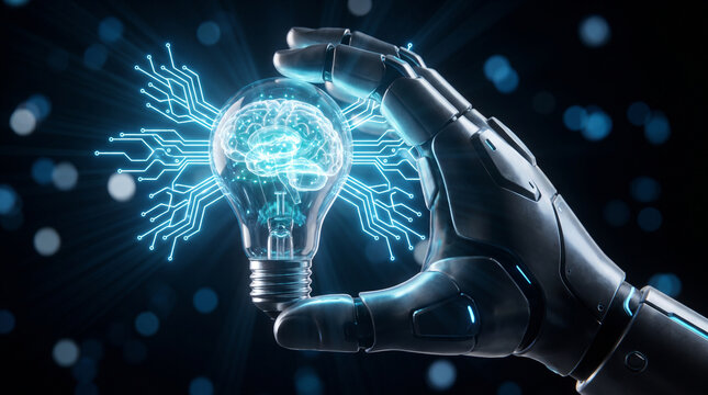 Robotic hand holding glowing light bulb with circuit board and human brain illustration on dark background